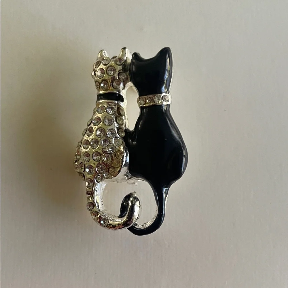 Crystal & Black Cat Duo Brooch - Elegant Cat Pin
